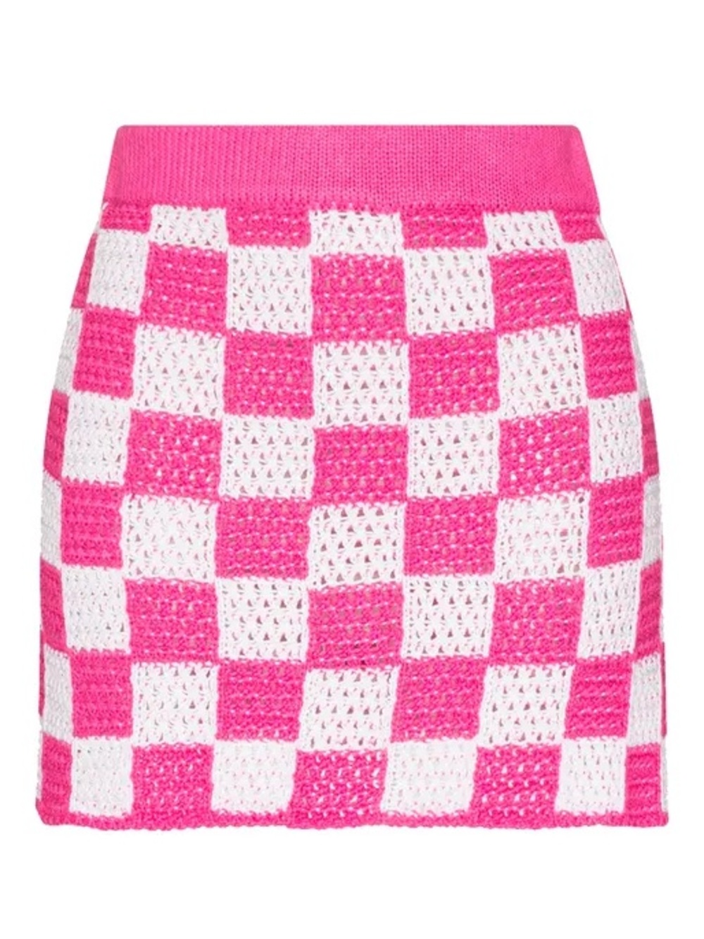 Frankies Bikinis Pink and White Crochet Jasper Checkered A-Line Skirt